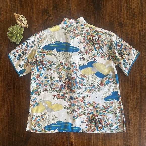 Vintage Japanese Print Top with Mandarin Collar and Frog Closures, Size M - Picture 2 of 11